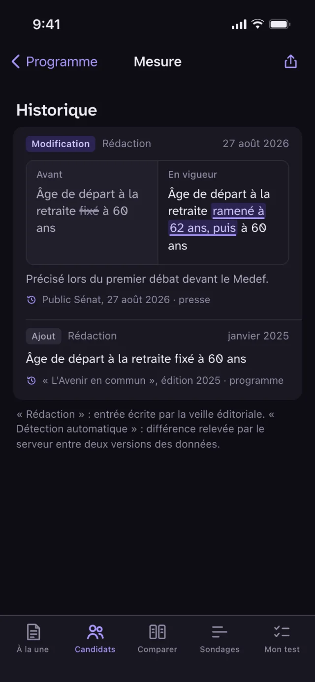 Historique d'une mesure sur l'âge de départ à la retraite : la rédaction précédente, barrée, à côté de la rédaction en vigueur, soulignée, avec la date et l'origine de la modification.