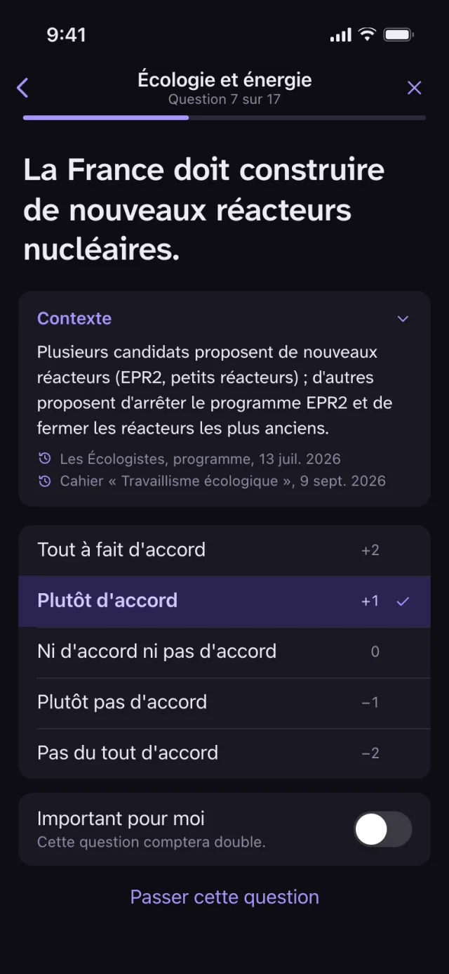 Question du test sur l'écologie et l'énergie : l'affirmation, un volet de contexte sourcé, cinq réponses de « Tout à fait d'accord » à « Pas du tout d'accord », et l'interrupteur « Important pour moi ».